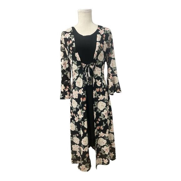 Siren Lily 2 Piece Tank Dress & Cardigan Size L Black Floral Long Bell-Sleeve - Picture 1 of 12